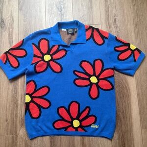 WESC bright red and blue floral polo Mens Small 100% cotton